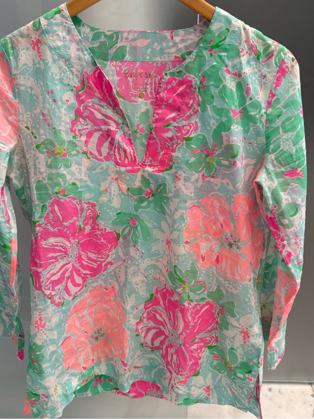 Lilly Pulitzer Amelia Island Floral Tunic 3/4 sleeve top Size Small